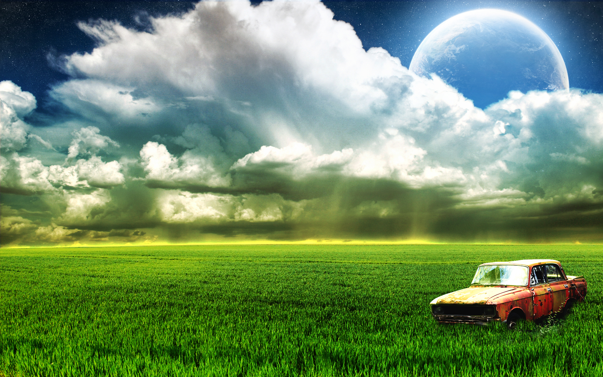 Farm Old Car Moon Clouds9986210677